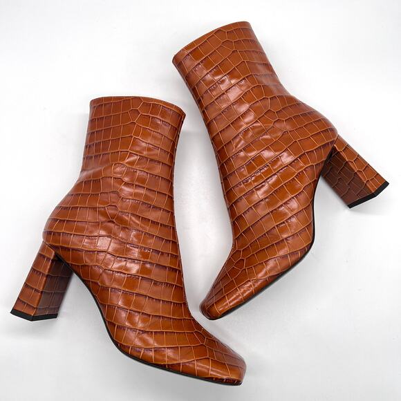 BY FAR Celine Square Toe Croc Embossed Boot Womens 40 Brown Leather Ankle Heeled - Picture 6 of 12
